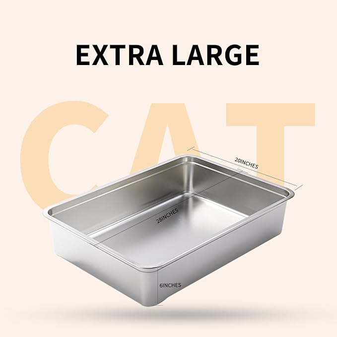 Yangbaga Extra Large Stainless Steel Litter Box, 28’’ x 20’’ x 6’’ Ultimate Metal Cat Litter Box with High Sides, Sturdy Long-Lasting Litter Pan with Anti-Slip Rubber Feet