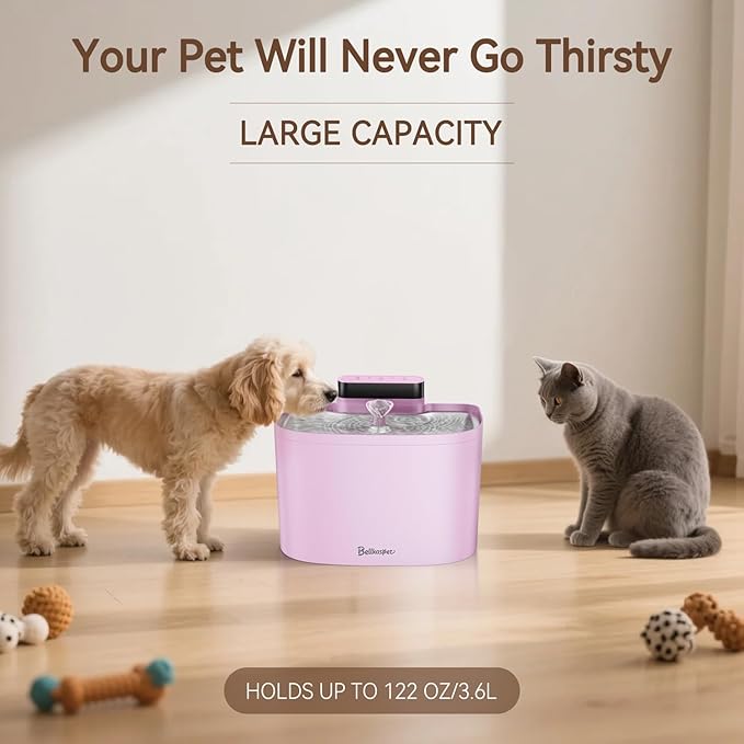 Cat Water Fountain, App Control Cat Fountain, 122oz/3.6L Pumpless Water Fountains for Cats Indoor with Stainless Steel Tray, Wi-Fi Dog and Pet Water Fountain (Pink, Fountain+8 Fliters)