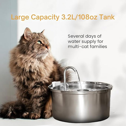 2.0 Large Capacity Stainless Steel Cat Water Fountain – 4L/135oz Indoor Automatic Pet Water Fountain for Cats, Ultra-Quiet Pump, Water Level Indicator, Multi Cat Metal Water Dispenser Bowl