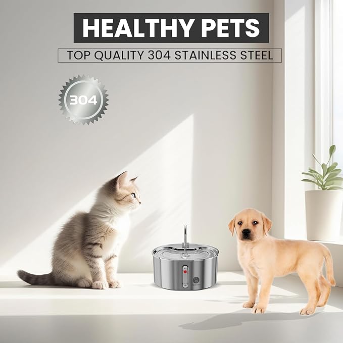 Cat Water Fountain Stainless Steel: 108oz/3.2L Water Fountains for Cats Indoor, Cat Water Fountain, Ultra Quiet, Water Level Window, Dog Water Fountain - 4 Filters - 1 Sensor