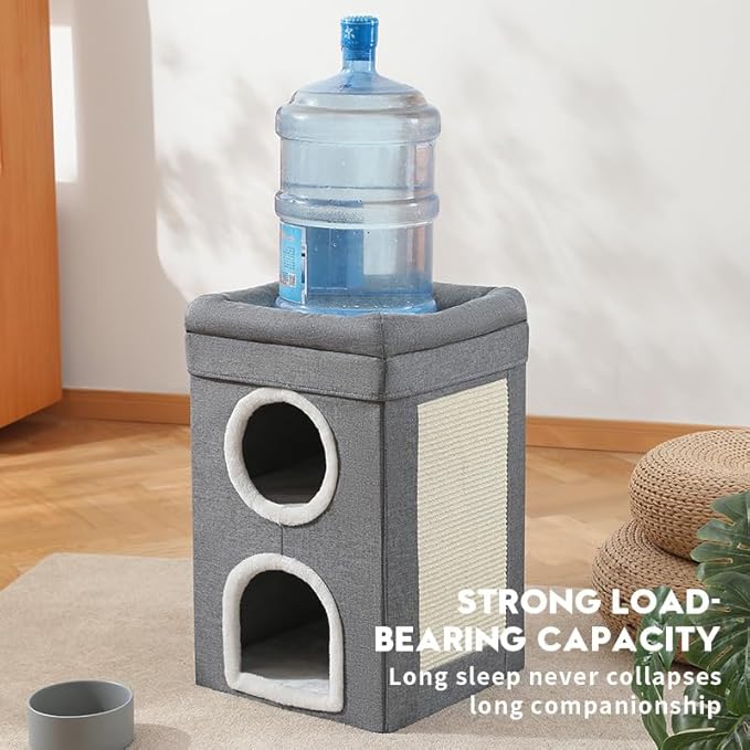 Cat Beds for Indoor Cats, Large Cat House Foldable Cat Cave with Scratch Pad and Hanging Fluffy Ball, Reversible Cushion Hideaway for Pet Cats, 16.5x16.5x13.2 inches, Multi Small Pet (Dark Grey, L)