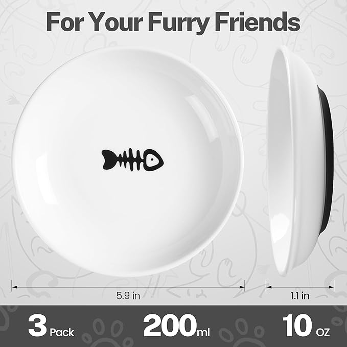 5.9 inch Ceramic Cat Bowls,Wide&Shallow Dishes,Whisker-Friendly Plates with Non-Slip Silicone Bottom, Healthy Pet Feeding Bowls indoor-10oz,3pack