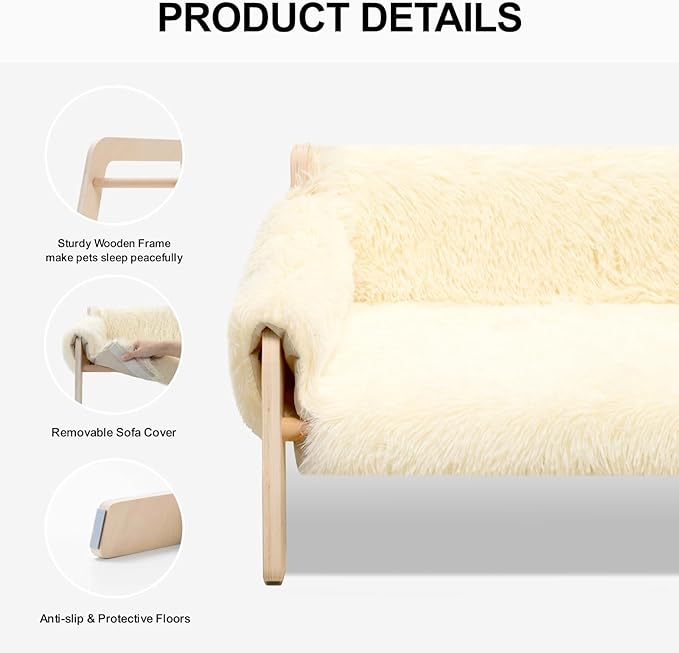 MEWOOFUN Cat Couch Bed, Pet Sofa for Indoor Cats Wooden Indoor Elevated Cat Beds with Removable Mattress Cover Suitable for Kitty, Puppy or Small Animal (Beige, Medium)