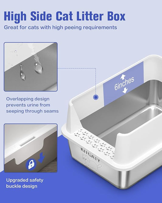 2PACK Stainless Steel Litter Box, Metal Litter Boxes with Lid High Sides, XL Extra Large Litter Box for Big Cats, Never Absorbs Odors, Leak-Proof, Stain-Free, Easy to Clean, Scoop Included（White）