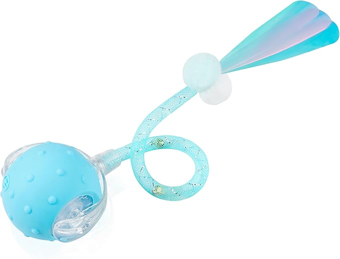 Interactive Cat Toys Ball for Indoor Cats, 2025 New Generation Automatic Moving Ball Toy with Elastic Mesh Tail, Chirping & Obstacle Avoidance and Motion Activated, Blue