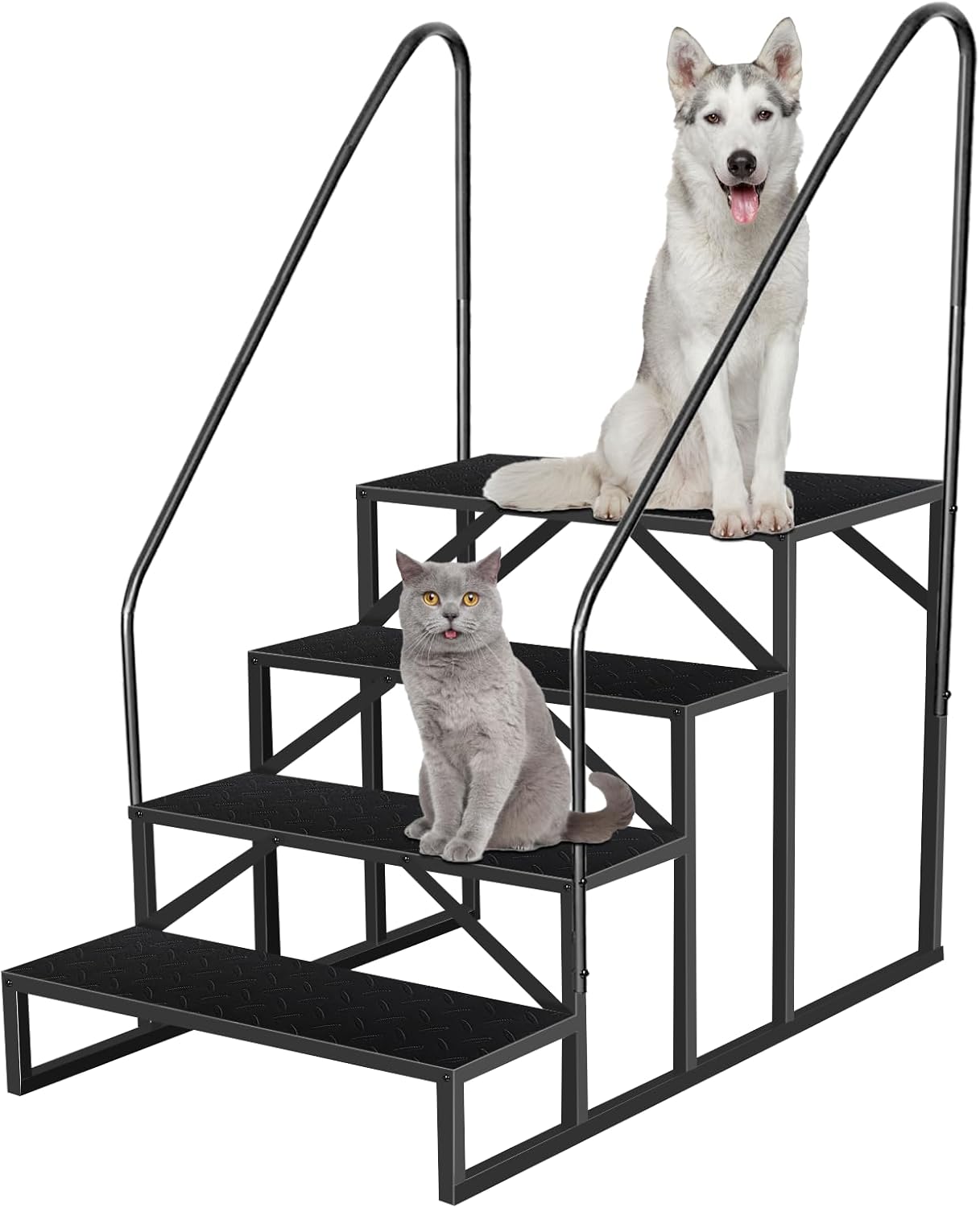 RV Step Stool, 4 Step Ladder, Hot Tub Steps with Handrail, Portable Pool Ladder, 660Lbs Heavy Duty Ladder Shelf Outdoor Mobile Home Stairs for Camper/Porch/SPA Pool/Pet Stairs(2 handrails)