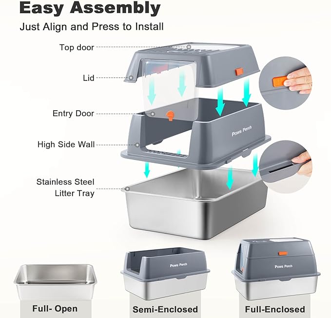 Stainless Steel Metal Cat Litter Box Large Enclosed with Lid, Dog Proof Jumbo Hooded High Sides for Big Cats, Indoor Multi Cat Use - Deep Design & No Smell