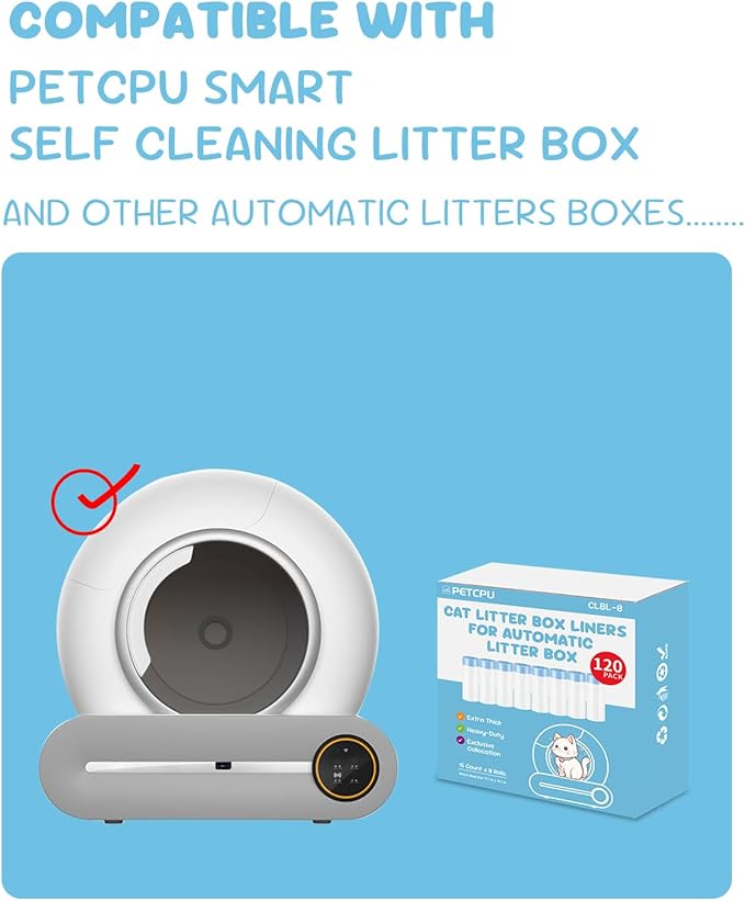 120 Count Cat Litter Box Liners for Self-Cleaning Cat Litter Box, Replacement Kitty Litter Liners, 8 Rolls Drawstring Waste Bags for Small Automatic Litter Boxs, 19.7 x 17.7 Inches（8 Packs/120 Counts）
