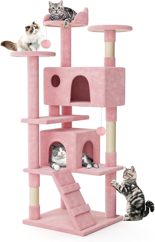 MoNiBloom Cat Tree, 70 Inch Cat Tree Tower with 2 Condo, Tall Cat Tower with Scratching Post, Cat Climbing Tower, Cat Tree for Indoor Cats, Soft Pink