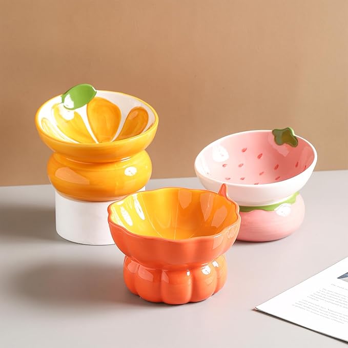 Ceramic Raised Cat Bowl - Pink Elevated Food Bowl for Indoor Cats, Anti-Vomiting & Spine Protection, Cute Tilted Dish for Flat-Faced Cats and Kittens (Strawberry Shaped)