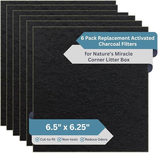 6-Pack Activated Carbon Litter Filters - 6.5" x 6.25" Corner Cat Litter Filters Replacement for Odor Elimination - Compatible with Nature Miracle Corner Box & other Models, USA Made