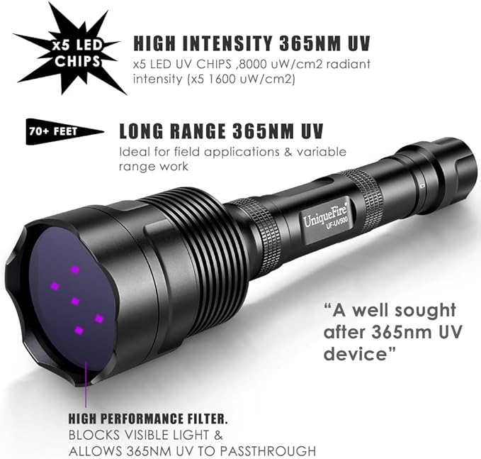 UniqueFire 365nm Black Light UV Flashlight with 5 LEDs Professional UV Light, 50W Powerful Blacklight Flashlight Rechargeable for Pet Urine Finding & Mineral, Antique Detection, Scorpion Search, etc