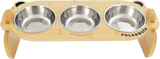Tilted Elevated Cat Food Bowls Set: Raised Pet Dishes for Cats & Puppy with 15°Tilted Bamboo Stand, Stainless Steel Food & Water Bowl and Pet Feeding Mat | Anti Vomiting (3 Bowls | Little Monster)