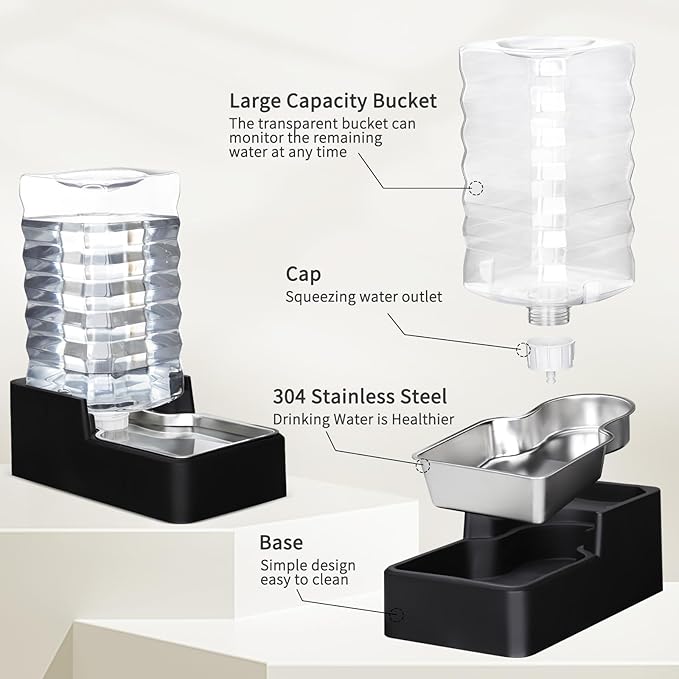 RIZZARI Stainless Steel Pet Water Feeder: 9L Automatic Leak-Proof Gravity Dispenser for Cats Dogs Indoor Outdoor Use（Black Without Filter,9L）