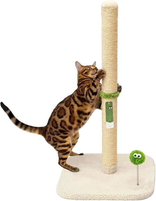 TINYBEAST 34" Tall Cat Scratching Post for Indoor Cats, Premium Natural Sisal Scratcher with Interactive Plush Toy Ball, Reinforced Stable Base for Large Adult Cats & Kittens(Beige)
