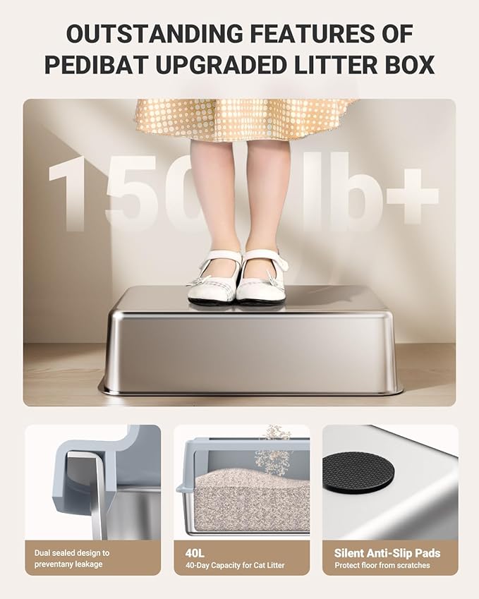 XL Stainless Steel Litter Box, Large Metal Cat Litter Box with High Sided for Big Cats, Enclosed Litter Boxes with Lid, Easy-Clean Cat Litter Mat & Scoop Kit, Non Sticky, Anti-Urine Leakage