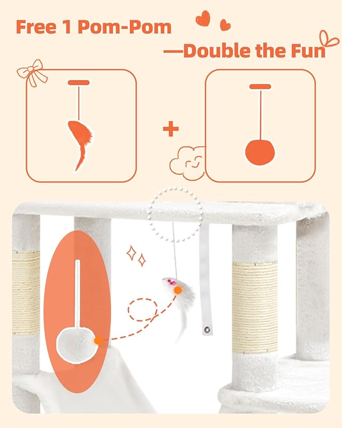 Taoqimiao Cat Tree, 66.2-Inch Cat Tower for Indoor Cats, Plush Multi-Level Cat Condo with 12 Scratching Posts, 2 Perches, 2 Caves, Hammock, 2 Pompoms, Cream White MS013C