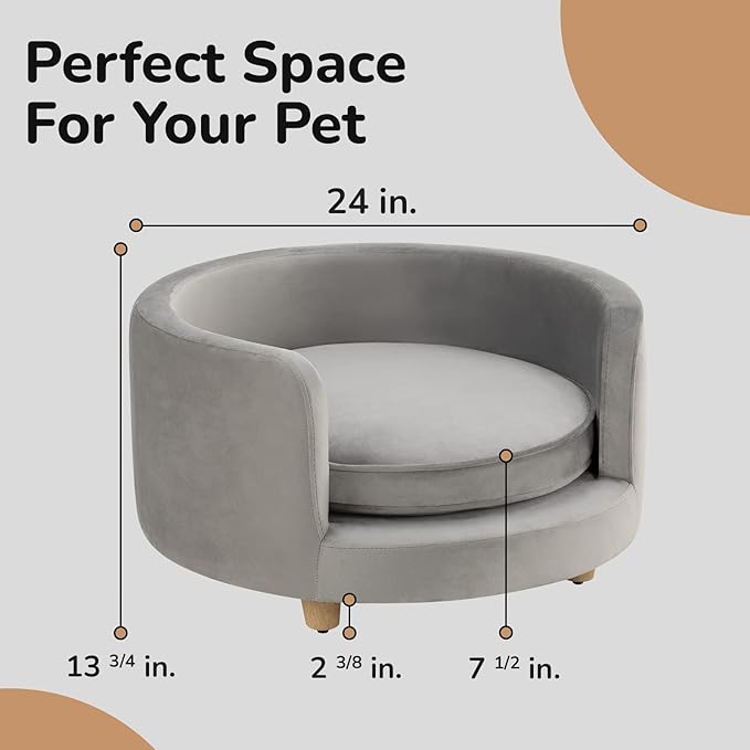 dCee Round Dogs Sofa - Cats Couch, Holds up to 50 Lbs, 24 in. Soft Velvety Pet Couch for Comfort Sleep, Joint Support, Dark Gray - Upgraded 2024