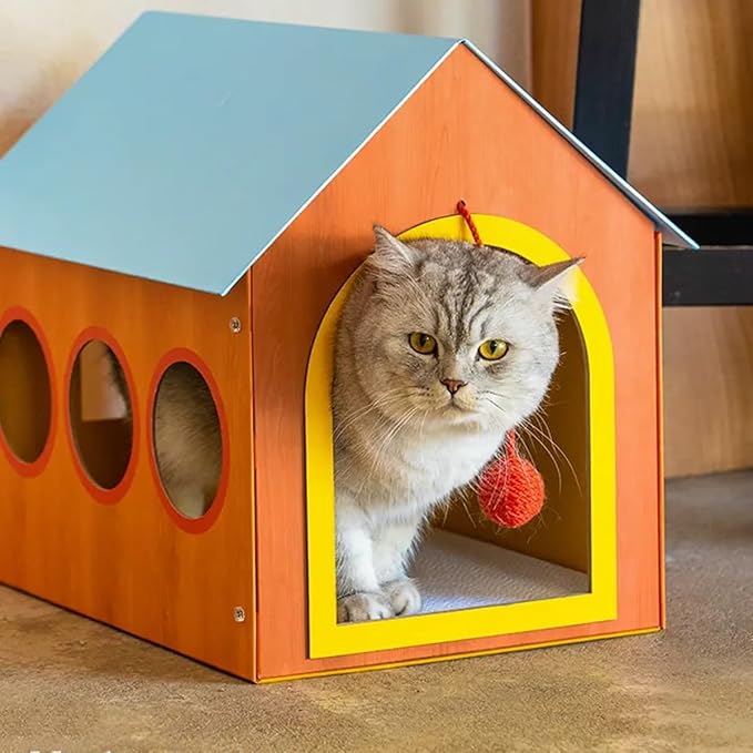 Blue Roof Cat House, Indoor Cardboard Cat Bed with Windows and Hanging Toy Ball, Cozy Cat Condo Hideaway for Kittens and Small Cats