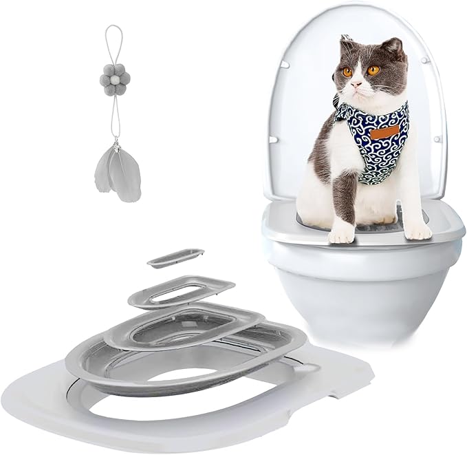 Cat Toilet Training Systems,Cat Toilet Training Kit,Reusable Plastic Trainer for Pet Cleaning with 1 Replaceable Cat Feather Toy,Litter Boxes (Gray)