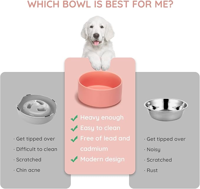 SPUNKYJUNKY 28.7OZ Ceramic Dog and Cat Bowl, Modern Cute Weighted Food Water Bowl for Replacement Pink (1 Pack)