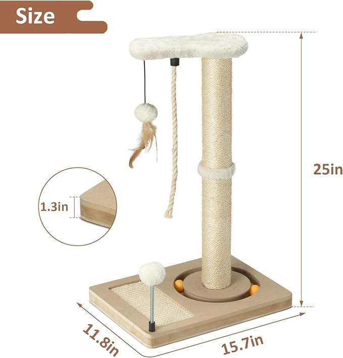 PAWSFANS Cat Scratching Post,Sisal Scratch Posts with Track Ball Feather Toy for Indoor Cats and Kittens,25" Tall Beige