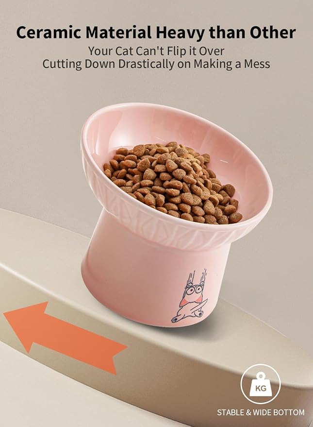 OMAYKEY Extra Wide Raised Cat Bowls, 6.5 Inch Wide Ceramic Tilted Elevated Cat Bowl, Prevent Neck & Whisker Fatigue, Anti Vomit for Cats Puppies, Dishwasher and Microwave Safe, 2 Pack