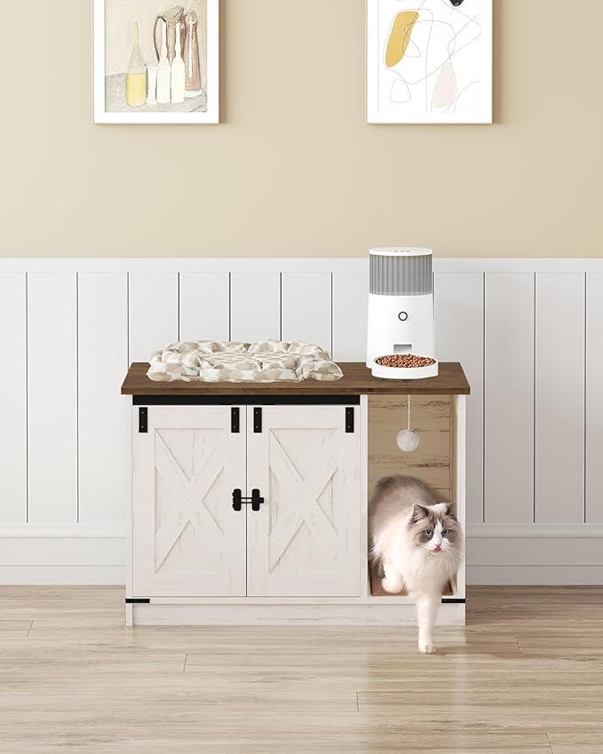 Cat Litter Box Enclosure, Hidden Litter Box Cabinet Furniture with Bell, Indoor Cat House, Farmhouse Style, 31.5 x 19.7 x 20.9Inches, for Hallway, Bedroom, Rustic Brown and White CB82414X