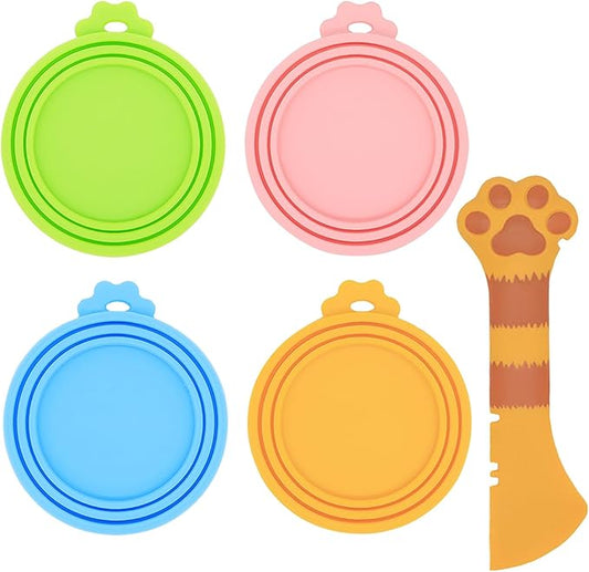 Food Can Spoon & Lids, One Multi-Functional Opener Spatula, 4 PCS BPA Free Silicone Universal Can Covers, Cute Paw Shape Spoon for Cat Dog Wet Food (Orange)