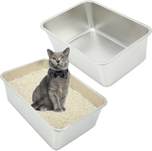 Rypet 2Packs Stainless Steel Litter Box Metal Litter Box for Cats High Back Litter Boxes Non-Stick Cat Poop Box，Easy to Clean(23.6"*15.8"*7.9")