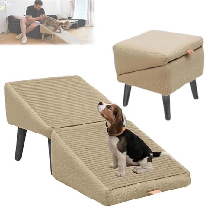 Split Ottoman Dog Ramp, 2-in-1 Lightweight Folding Stairs and Ottomans, Bed Couch & Car Ramps with Durable Non-Slip Waterproof Fabric Cover for Dogs Cats Or Pets Footrest (Khaki, 30 * 30 * 35cm)