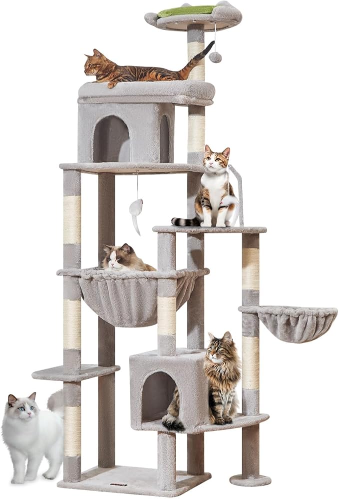 Taoqimiao MS032W 83In Cat Tree for Indoor Cats Large Adult, XXL-Cat Tower, Suitable 20lb+ Heavy Duty Large Cats, 2 Luxurious Cat Cando with 8 Scratching Posts,Oversized Metal Hammocks,Light Gray