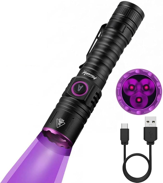ALONEFIRE SV103 365nm UV Flashlight 10W Type C USB Rechargeable Black Light Money Detector for Resin Curing, Pet Urine Detection, Scorpion, Fishing, Minerals, Leaks, Cure Glue with Battery