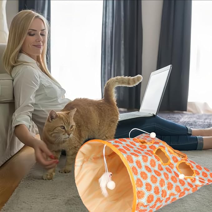 SYCOOVEN Cat Tunnel Bag for Indoor Cats, Pet Collapsible Tunnel Crinkle Sack Bag with 1 Little Mouse & Toy Ball, Crinkle Paper Interactive Cat Toys Hide and Seek(Orange Pattern)