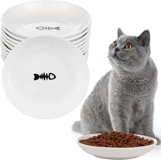 10 Pcs Wide & Shallow Cat Plates for Whisker Fatigue Relief, 15cm/6'' Ceramic Feeding Dishes With Cute Fish Bone Design, Wet & Dry Food Bowls for Kittens, Cats, Puppies