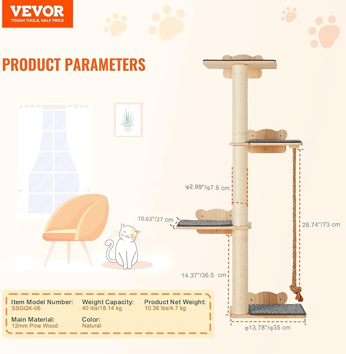 VEVOR 4 Tiers Tall Cat Wall Furniture Set with 4 Jumping Boards, Wall-Mounted Cat Floating Shelf up to 40 lbs, 12 mm Pine Wood Perch for Sleeping, Playing, and Climbing