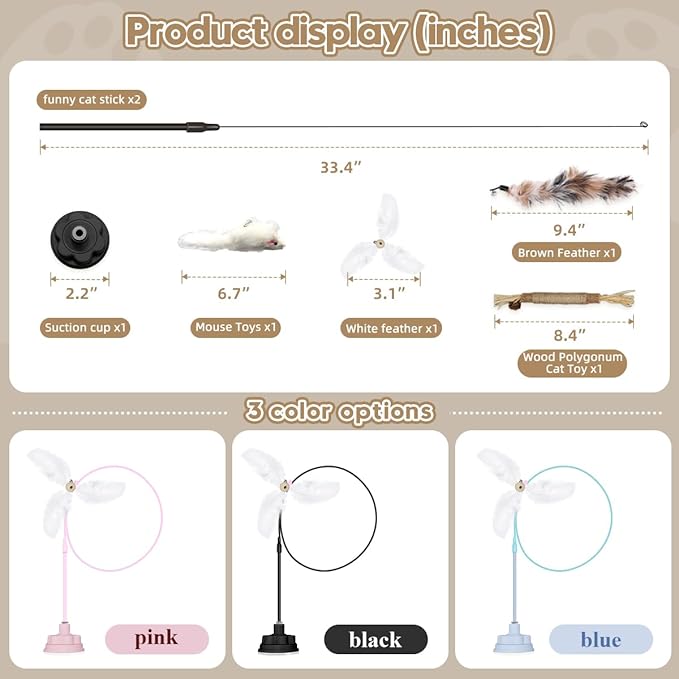 Suction Cup Cat Toys for Indoor Cats,3 in 1 Suction Cup Cat Toy,Interactive Simulation Cat Toy Set Self Play or Handheld,Feathers & Bells,Realistic Toy Mouse and Silvervine Sticks（Black）