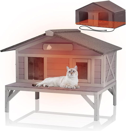 GUTINNEEN Heated Outdoor Cat House Weatherproof Large Cat Shelter with 100% Insulated Liner for Multiple Cats, Cat Houses for Indoor Cats（Grey）