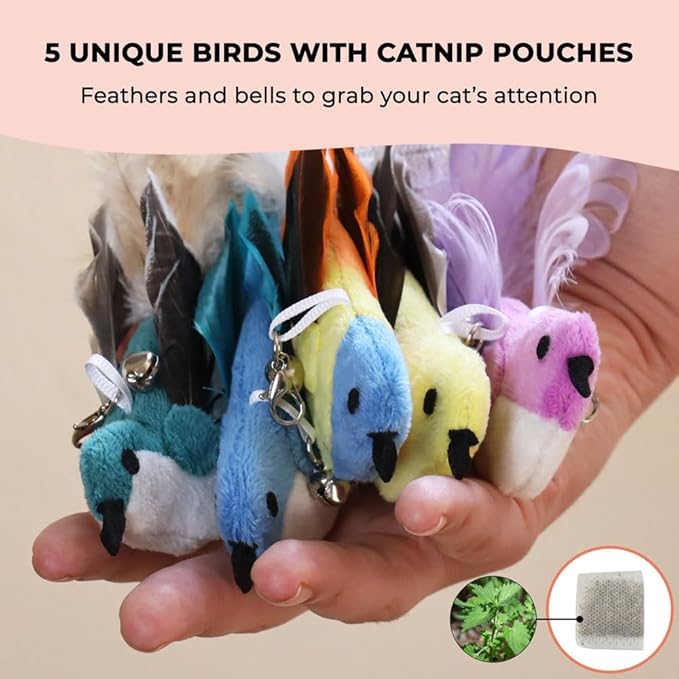 Interactive Catnip Bird Toy Set (5 Replacement Catnip Birds)