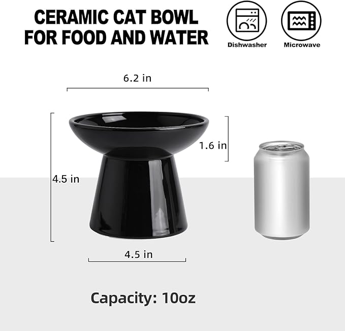 6.2 Inch Extra Wide Elevated Ceramic Cat Bowls, Food and Water Bowl Set for Elder Big Cats Small Dogs, Raised Design for Pet Easy Eating, Protect Cat's Spine Set of 2(Black)
