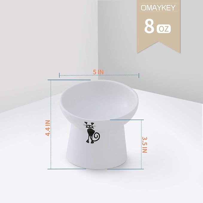 OMAYKEY Ceramic Raised Cat Bowls, Tilted Elevated Cat Food and Water Bowls Set, Porcelain Stress Free Pet Feeder Bowl Dish for Cats and Small Dogs, Dishwasher and Microwave Safe - White, Set of 2