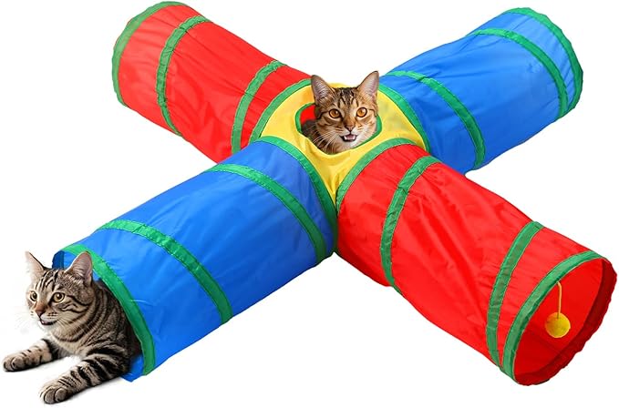 ‌Coolcandy Cat Tunnel & Interactive Cat Toy Indoor, 4 Way Tunnel Toys for Indoor Cats, Collapsible Interactive Peekaboo Cave with Play Ball, for Multi-Way Play & Small Animals