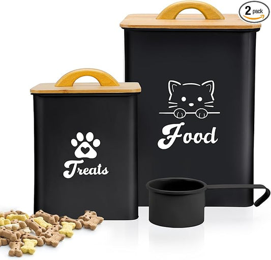 Cat Food Storage Container with Scoop, 2PCS Cat Food Storage Container with Lids Airtight, Cat Treat Jars for Kitchen Counter-7+3Lbs, Cat Cookie Jar for Storage, Black