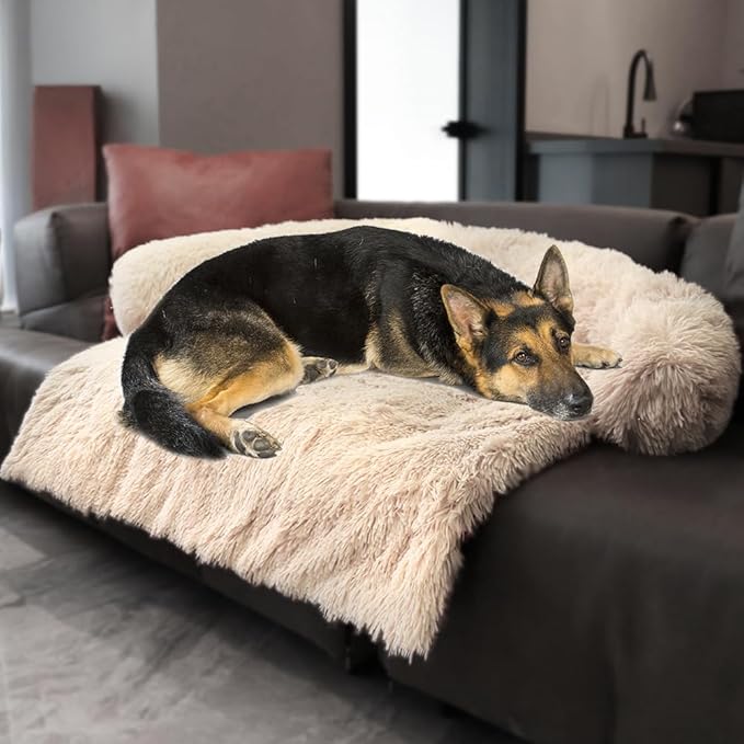 Tinaco Luxurious Calming Dogs/Cats Bed Mats, Dog Pad Washable Removable Couch Cover, Plush Long Fur Mat for Pets, Waterproof Lining, Perfect for Small, Medium and Large Dogs and Cats (Beige, 45"x37")