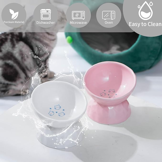 AOMRYOM Ceramic Tilted Raised Cat Food and Water Bowl Set, Elevated Stress Free Feeding Pet Bowl Dish for Cats and Small Dogs, Protect Cat's Spine, White & Pink, Set of 2