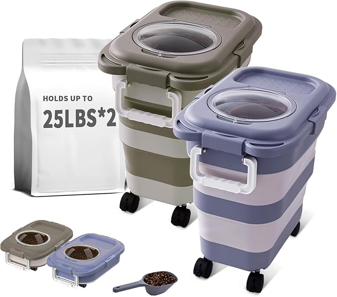 25 Lbs Dog Food Storage Container 2PCS, Collapsible Dog Food Container with Scoop for Pet/Dog/Cat/Bird Food,Keep Dry Food Fresh,Easy to Move(Blue & Khaki)