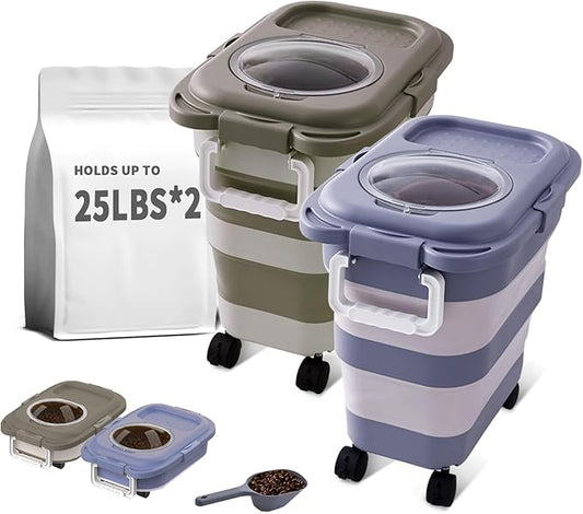 25 Lbs Dog Food Storage Container 2PCS, Collapsible Dog Food Container with Scoop for Pet/Dog/Cat/Bird Food,Keep Dry Food Fresh,Easy to Move(Blue & Khaki)