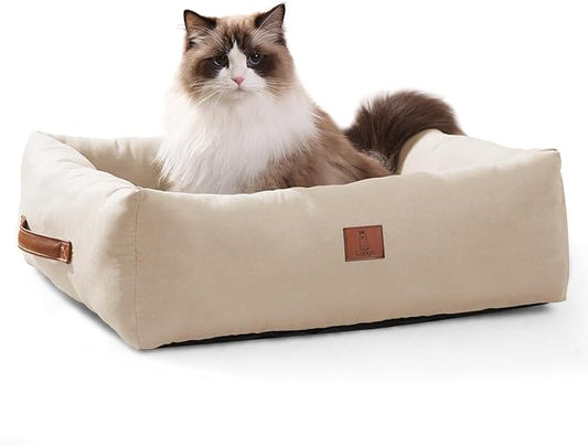 20In Dog Bed for Small Medium Sized Dogs and Cats - Washable Rectangle Puppy Bed for Indoor Outdoor, Cozy Pet Bed with Support Pillow & Non-Slip Bottom(Beige, Small)