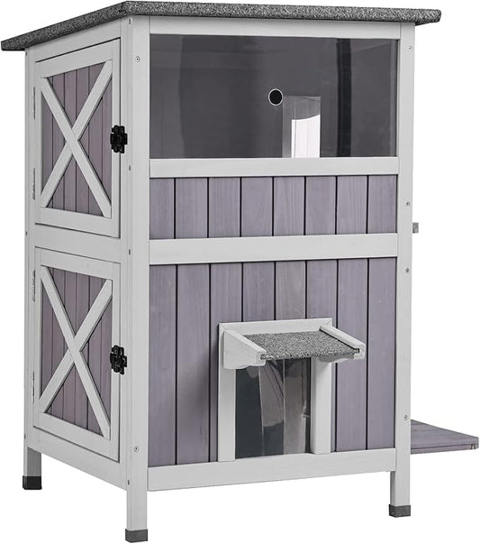 Aivituvin 2-Story Outdoor/Indoor Cat House - Solid Wood Kitty Condo with Escape Door, Removable Floors, Weatherproof Asphalt Roof & Sun Balcony