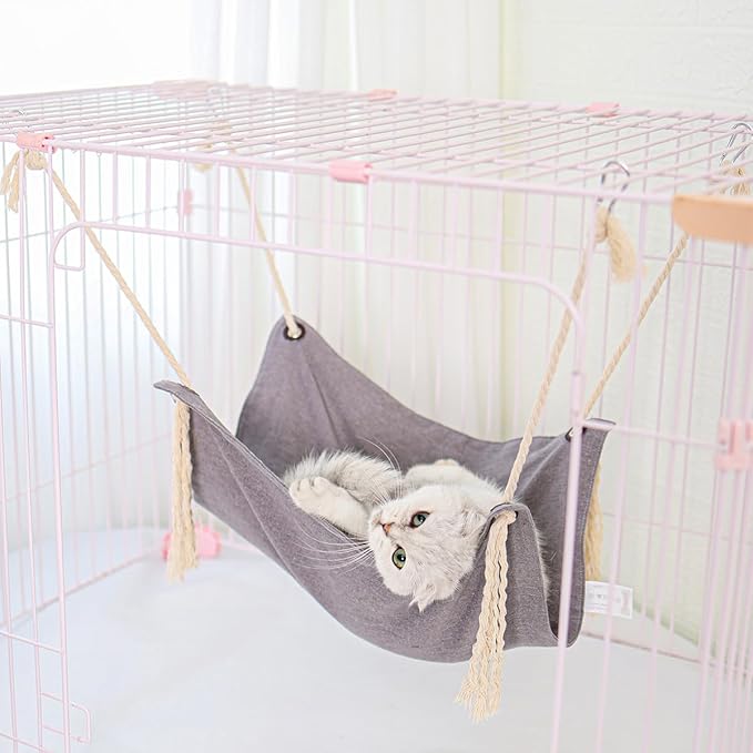 Breathable Linen Cat Hammock with Cotton Ropes in Clean Solid Colors, Minimalist Design for Cages Machine Washable (Pink)